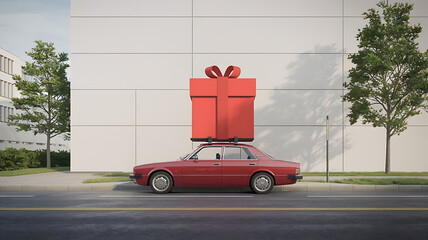 Red gift-wrapped box atop a vintage red car parked on a city street