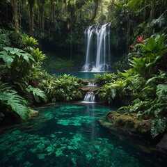 A remote rainforest waterfall where a hidden pool glows in shades of emerald and sapphire, surrounded by thick vines and tropical flowers