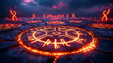 Runestones glowing red, set in a cracked dark surface under a moody sky