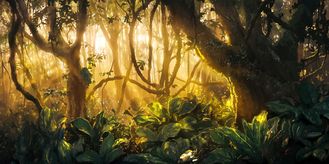 Golden sunlight filters through a lush overgrown jungle