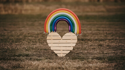 Wooden heart-shaped sign with a rainbow of balloons