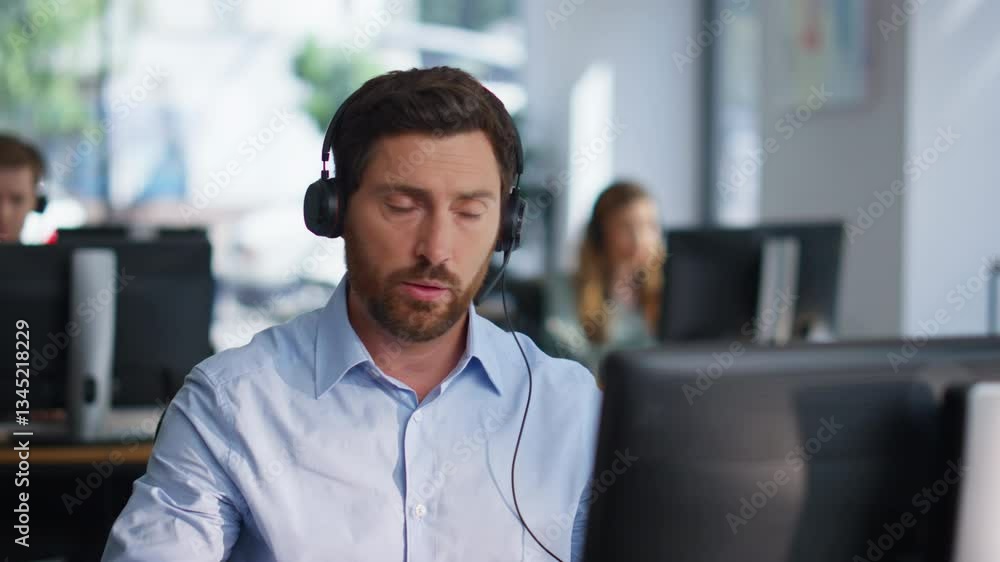 Poster help desk consultant solving client problem talking in headset at office closeup