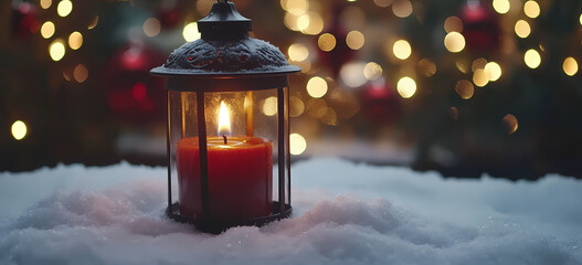 Warmth of the Season: A festive scene capturing the warm glow of a lit candle inside a decorative lantern, creating a cozy atmosphere in a snowy setting, enhanced by a background of bokeh lights.