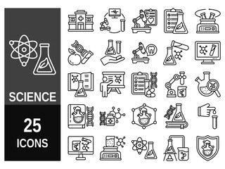Set of vector line icons related to science lab equipment, chemistry and medicine. Symbols for website or app ui, logo design, illustration.