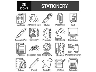 Office stationery icon set. Stationery items. Vector illustration. 