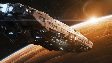 Spacecraft above a desert planet sunrise futuristic design