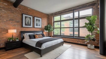 Luxurious loft bedroom, exposed brick walls, large windows, city view, real estate listing