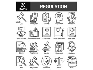 Regulation icon collection. Containing rules, authority, conduct, law, guideline, penalty, government, ethics, compliance and procedure icons. Vector illustration. 