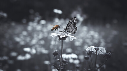 A grayscale close-up of a bee and butterfly on a flower showcasing delicate details and a serene mood