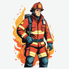 fireman, safety, emergency, firefighter, danger, rescue, fire, man, fighter, uniform, equipment, protection, helmet, service, flame, burn, water, profession, extinguisher, vector, red, hose, backgroun