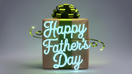 Naklejka premium A gift box with Happy Father's Day lettering decorated with glowing light-blue rhinestones and a lime green ribbon