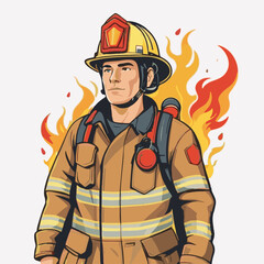 fireman, safety, emergency, firefighter, danger, rescue, fire, man, fighter, uniform, equipment, protection, helmet, service, flame, burn, water, profession, extinguisher, vector, red, hose, backgroun