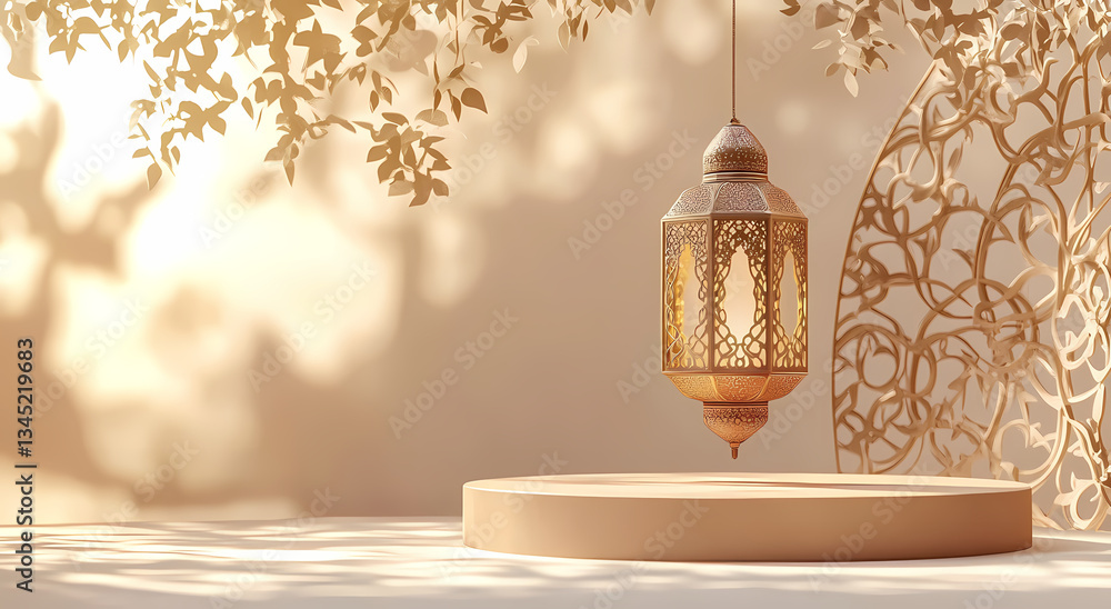 Poster golden lantern and display: elegant lantern hanging above a display platform, the scene is adorned w