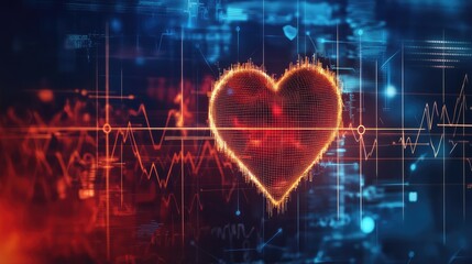 Vibrant digital heart graphic illustrating a heartbeat on a high-tech background with glowing elements