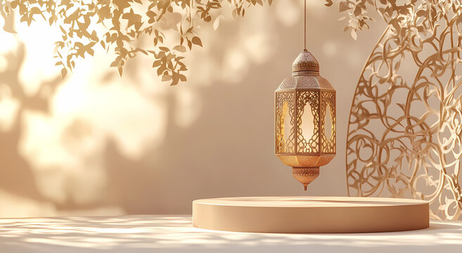 Golden Lantern and Display: Elegant lantern hanging above a display platform, the scene is adorned with intricate patterns and soft sunlight.