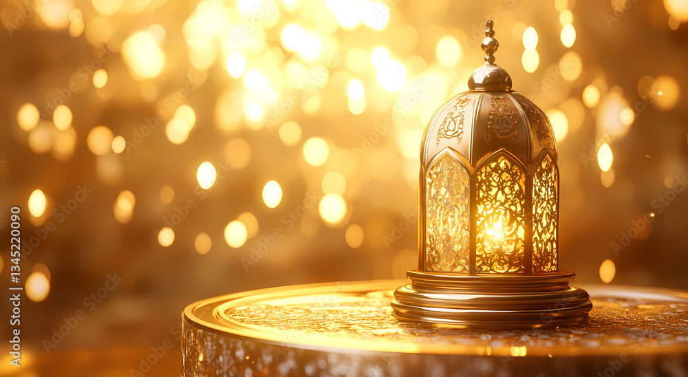 Poster illuminated lantern: a close-up shot of an intricately designed, golden lantern casting a warm, invi