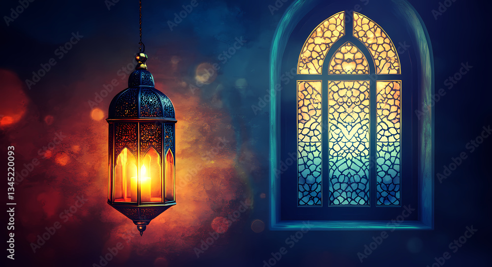 Poster golden lantern and window: a beautifully designed golden lantern, aglow with warm light, hangs befor