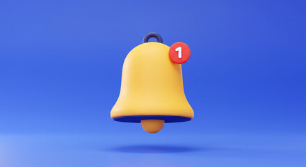 A cheerful yellow notification bell rings, announcing one new message against a vibrant blue backdrop with soft lighting.