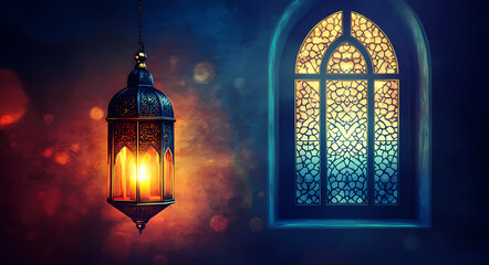 Obraz premium Golden Lantern and Window: A beautifully designed golden lantern, aglow with warm light, hangs before a stained glass window with intricate patterns, creating a mystical and inviting atmosphere.