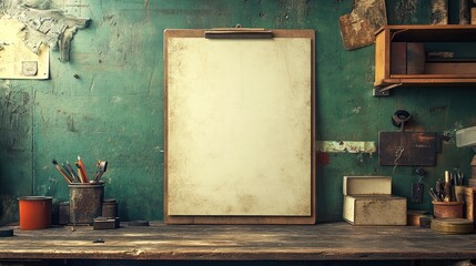 Vintage Workshop Setting with Blank Clipboard