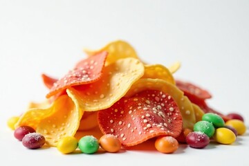 Pile of colorful candy, chips, and soda on white , soda, crisp, treat