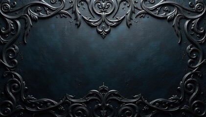 Intricate embossed metal, dark grey metallic sheen, surface, reflective