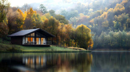 Fototapeta premium Cozy Modern Cabin By A Calm Lake In Autumn Forest