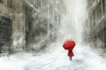 A Person Walks Down A Snowy Street Holding A Red Umbrella