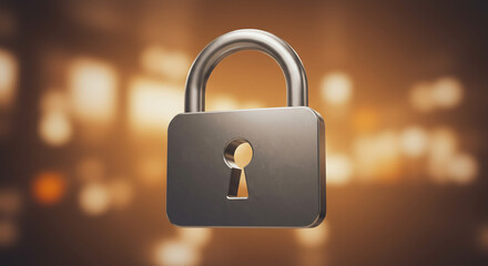 A steadfast metal padlock symbolizes unwavering security against a warm, bokeh-blurred backdrop.