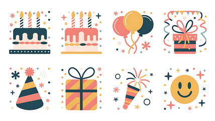 Cute birthday party icons flat design style celebration elements