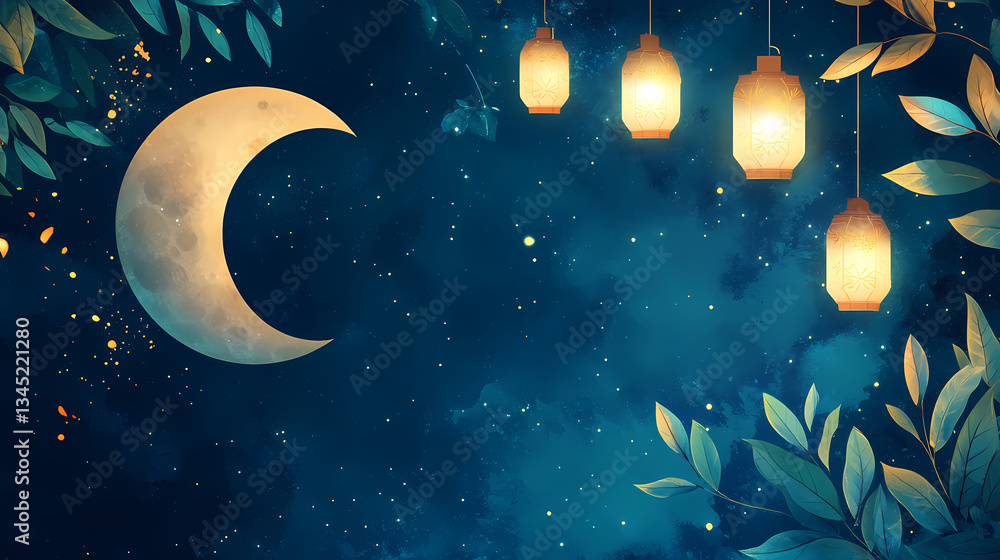 Poster celestial nightscape: a mesmerizing scene of a crescent moon and stars illuminated by hanging lanter