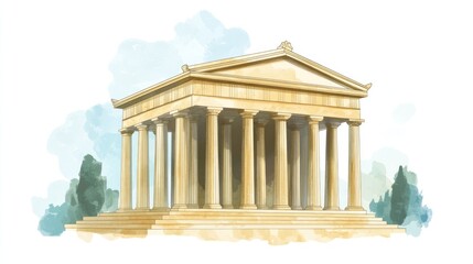 Obraz premium Ancient Greek temple illustration, watercolor style, historical architecture, artistic representation