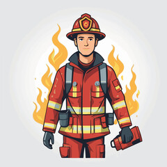 fireman, safety, emergency, firefighter, danger, rescue, fire, man, fighter, uniform, equipment, protection, helmet, service, flame, burn, water, profession, extinguisher, vector, red, hose, backgroun