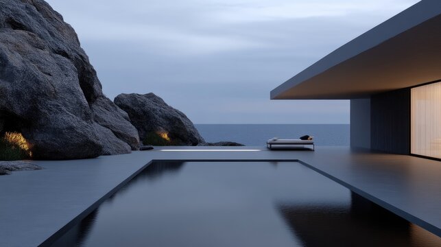 Modern coastal retreat with infinity pool, showcasing minimalist design and natural surroundings