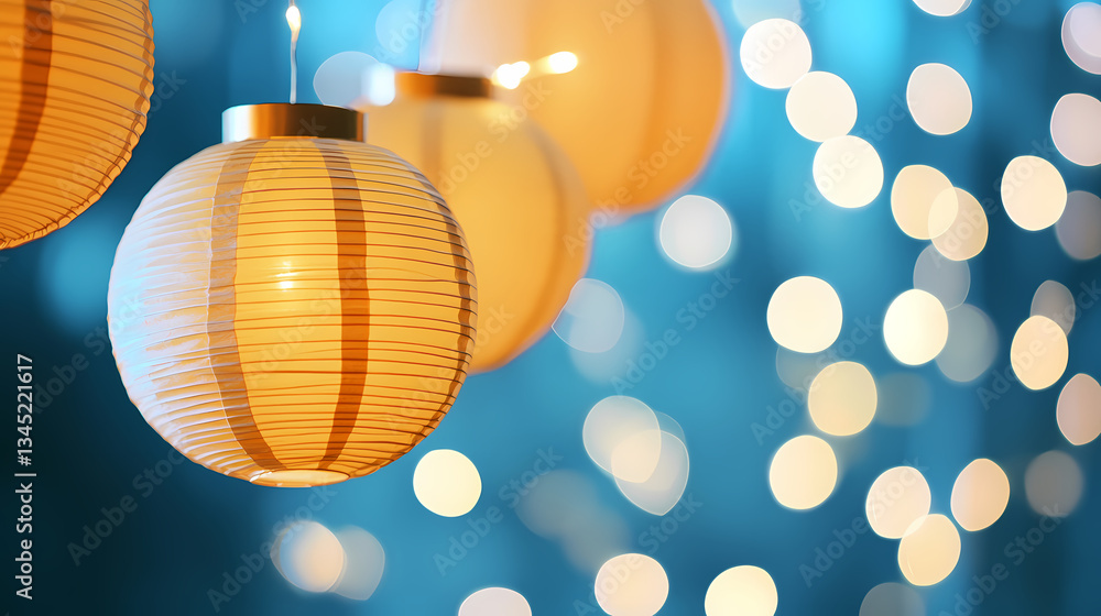 Poster golden lanterns & bokeh bliss: warm light illuminates a row of round paper lanterns, their soft glow