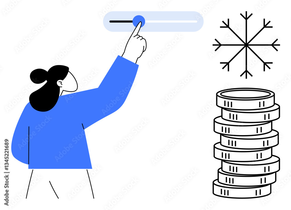 Poster person adjusts temperature using a slider, next to a snowflake and coin stack. ideal for energy savi