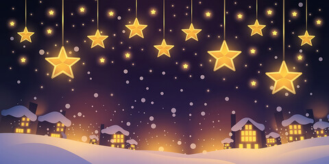 Cozy winter village at night with glowing stars and snow-covered houses