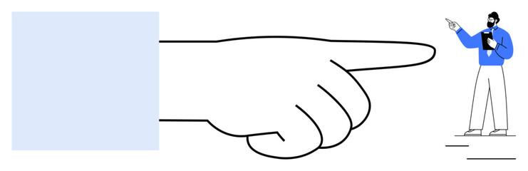 Large hand gesturing toward a man with a clipboard wearing formal attire and making a point. Ideal for guidance, direction, authority, decision-making, teamwork, leadership, accountability. Flat