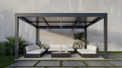 Modern outdoor patio with solar pergola and furniture
