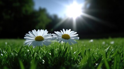 Two white daisies in a grassy meadow on a sunny day