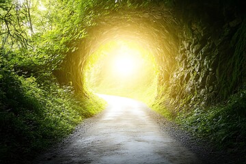 Sunlit Path Through a Lush Green Tunnel