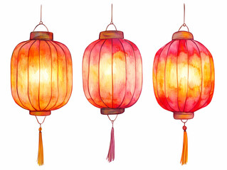 Illuminating Tradition: Three vibrant, glowing lanterns in a watercolour style, showcasing a vivid display of cultural artistry, evoke a feeling of warmth and celebration.