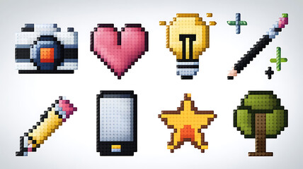 Pixelated icons diverse creative elements retro-style graphics