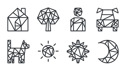 Geometric line art icons various subjects