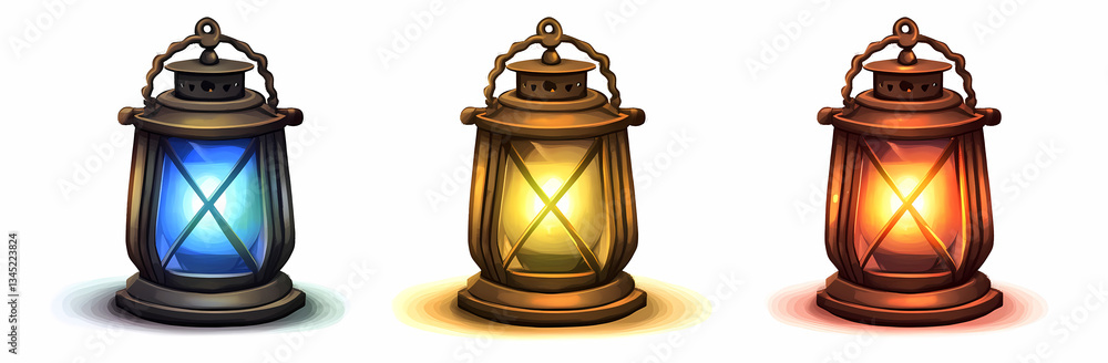 Poster illuminated trio: a trio of antique lanterns, each casting a warm, inviting glow in varying hues, cr