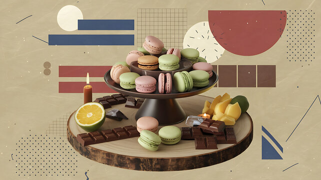 A delightful assortment of macarons chocolates and fruit presented on a rustic wooden platter evokes a sense of sweet indulgence