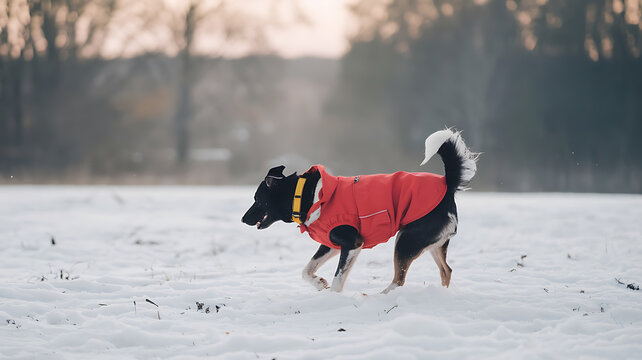 Snowy day fun Dog in red coat winter wonderland