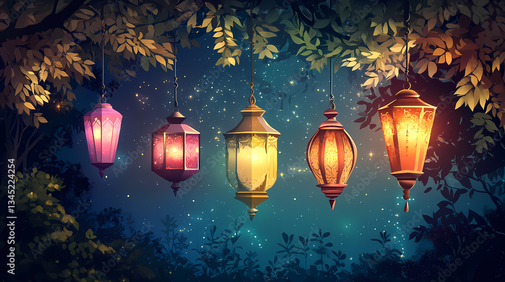 Poster magical lanterns at night: a captivating illustration showcasing a row of ornate, glowing lanterns h