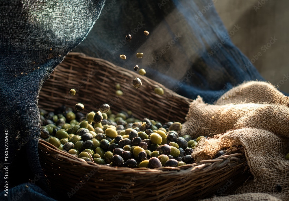Poster freshly harvested olives in a wicker basket with sunlight filtering through fabric creating a serene