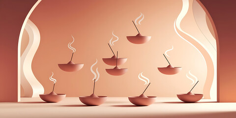 Floating minimalist incense burners in a soft peach coral color palette